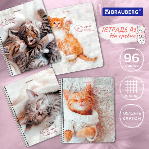 

Тетрадь А5, 96 л., BRAUBERG, гребень, клетка, "Котики", 404425, (4шт.)