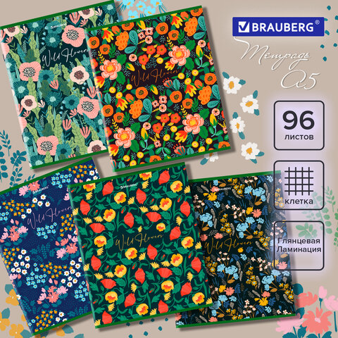 

Тетрадь А5, 96 л., BRAUBERG, скоба, клетка, глянцевая ламинация, "Wild Flowers", 404429