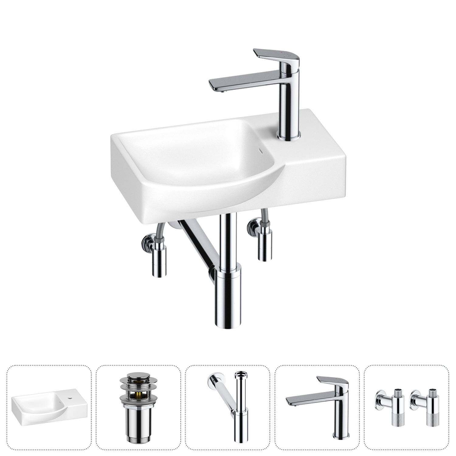 

Маленькая раковина для ванной комнаты или туалета Wellsee WC Area 202011857 в наборе 5 в 1, Глянцевый белый, WC_Area_sink_1518078_хром