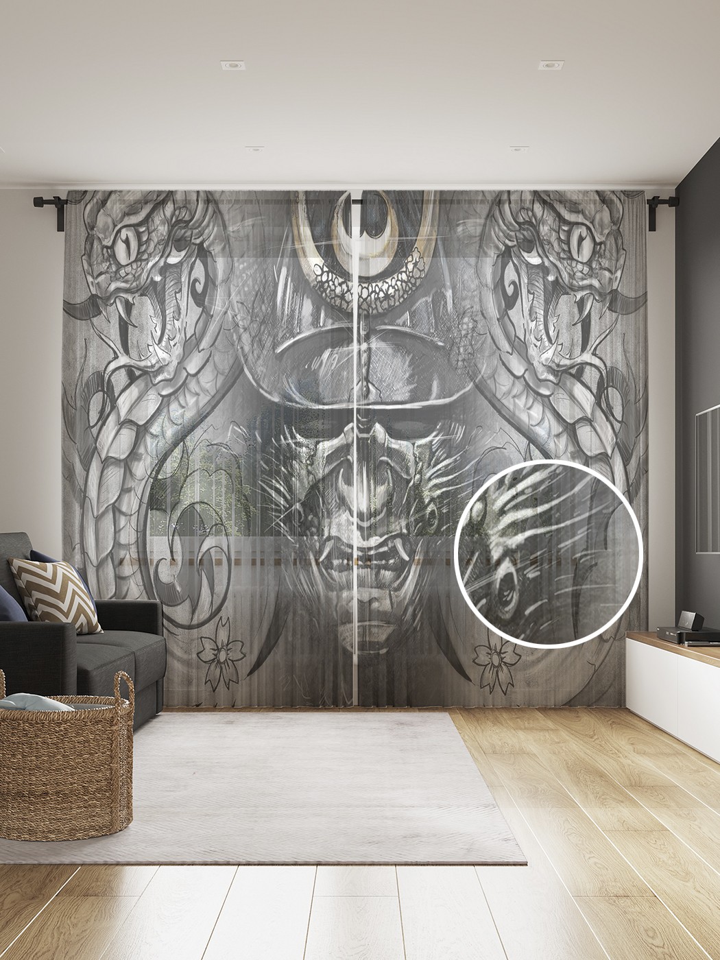 фото Фототюль joyarty "японская маска воина" 145x265см, 2 полотна, лента, 50 крючков