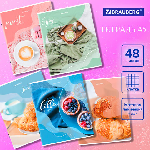 

Тетрадь А5, 48 л., BRAUBERG, скоба, клетка, матовая ламинация, выборочный лак, "Sweets",