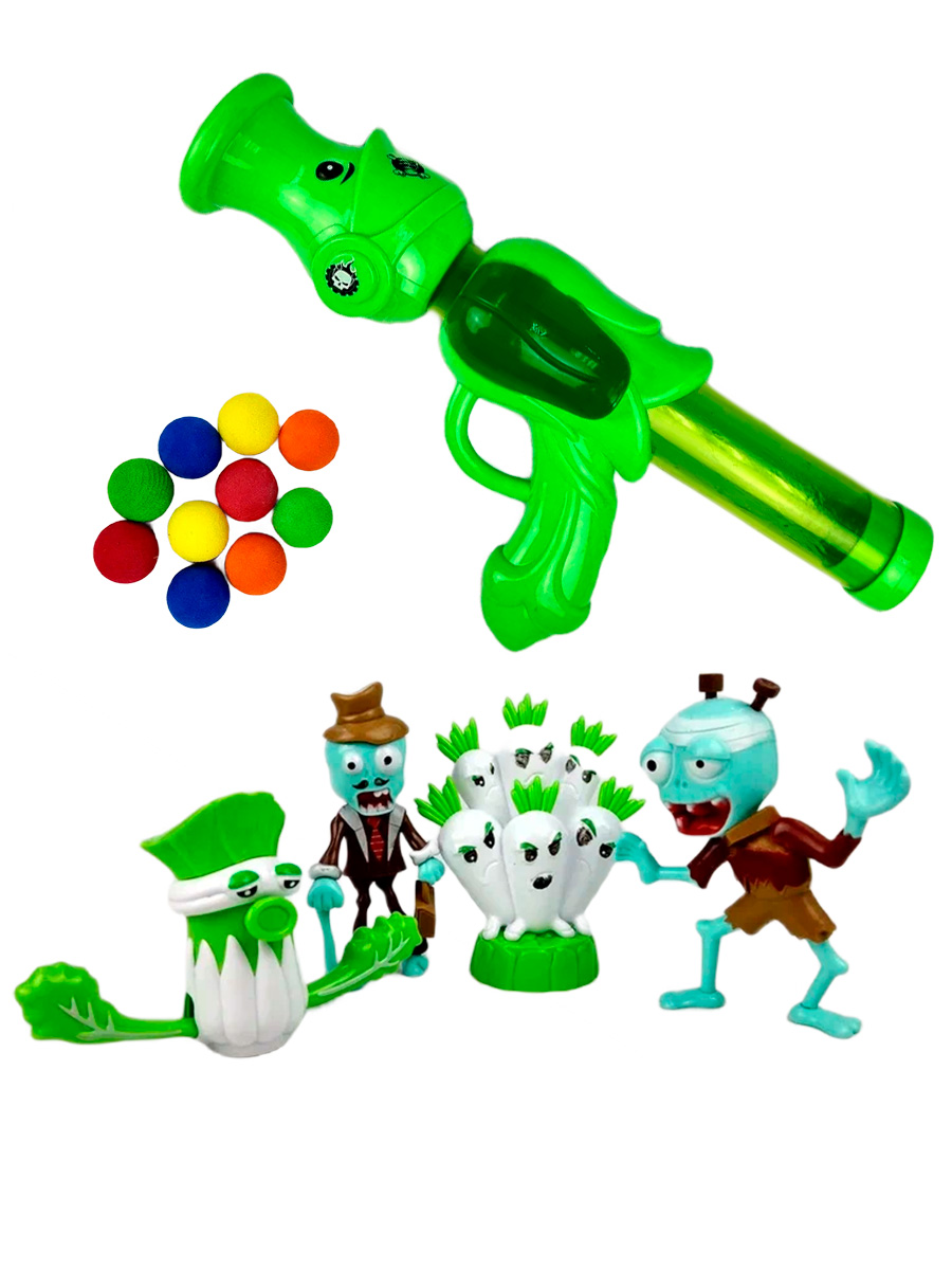 Бластер игрушечный Растения Против Зомби Plants vs Zombies (4 фигурки, 10 снарядов)