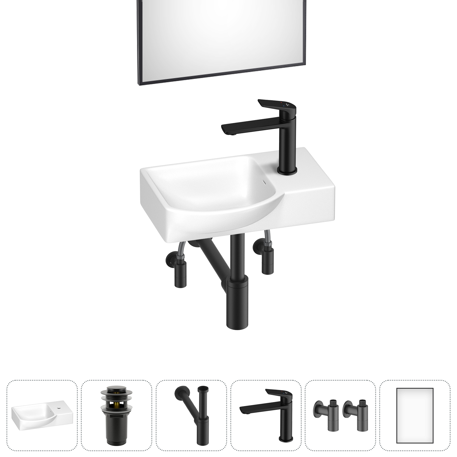 

Маленькая раковина для ванной комнаты или туалета Wellsee WC Area 202011886 в наборе 6 в 1, Глянцевый белый, WC_Area_sink_1518078_матовый черный