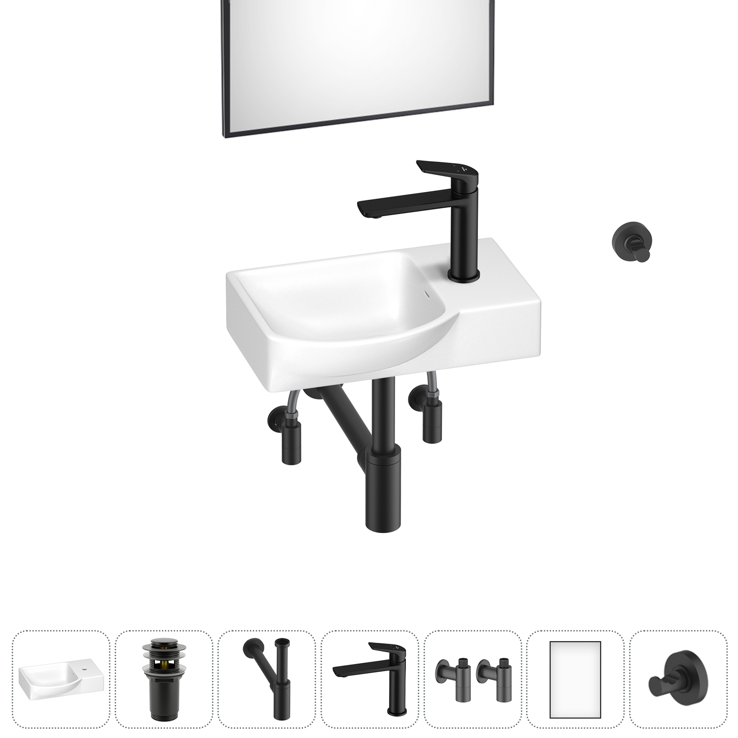 

Маленькая раковина для ванной комнаты или туалета Wellsee WC Area 202011914 в наборе 7 в 1, Глянцевый белый, WC_Area_sink_1518078_матовый черный