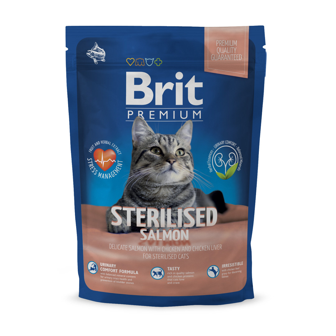 фото Сухой корм для кошек brit premium cat sterilised, лосось с курицей и куриной печенью,0,8кг