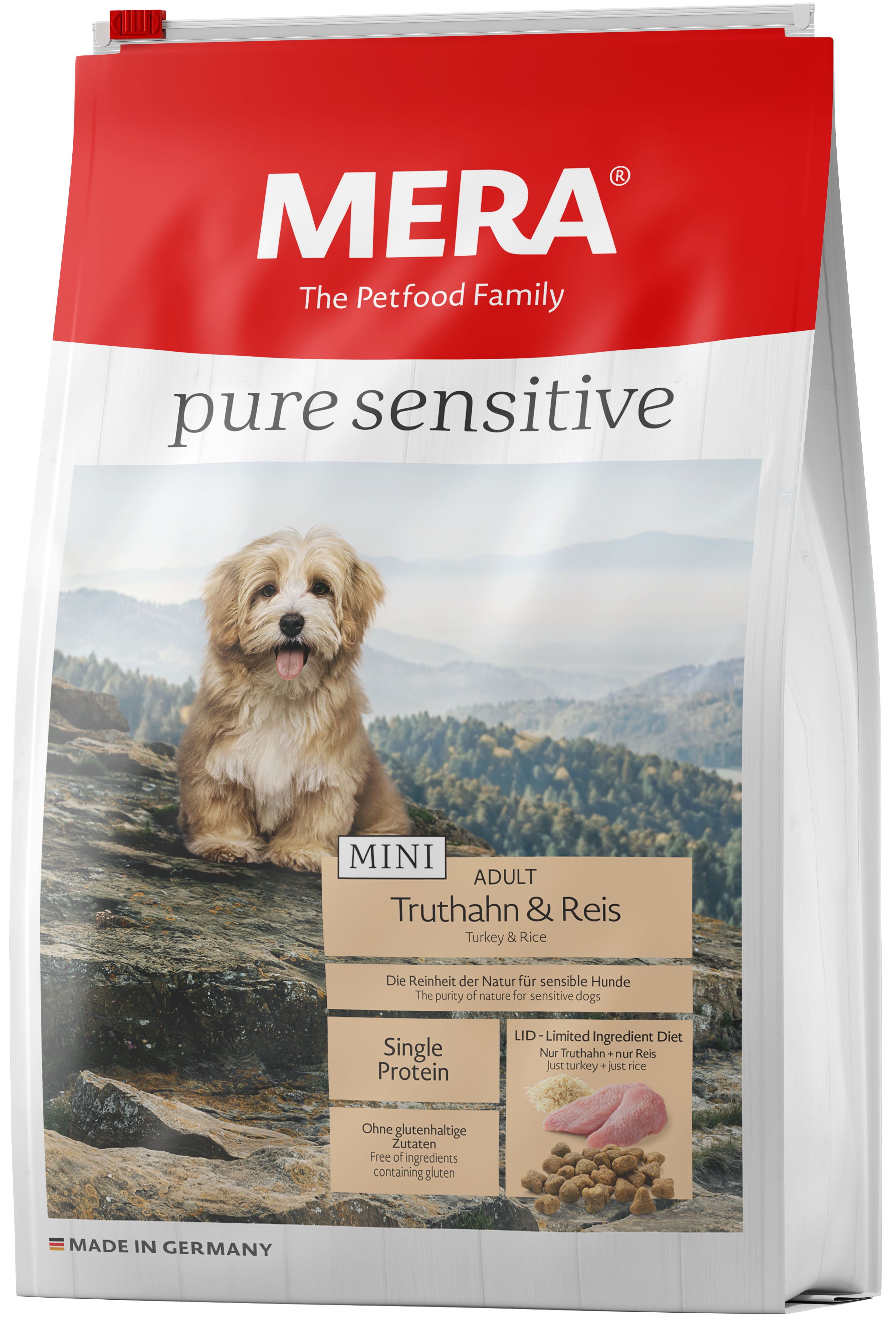 фото Сухой корм для собак mera pure sensitive mini adult, для мелких пород, индейка и рис, 1кг