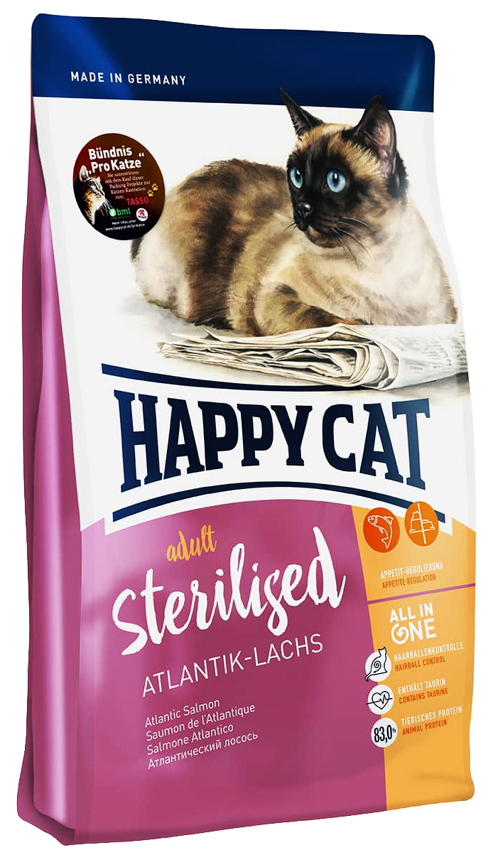 фото Сухой корм для кошек happy cat sterilised, для стерилизованных, лосось, 4кг