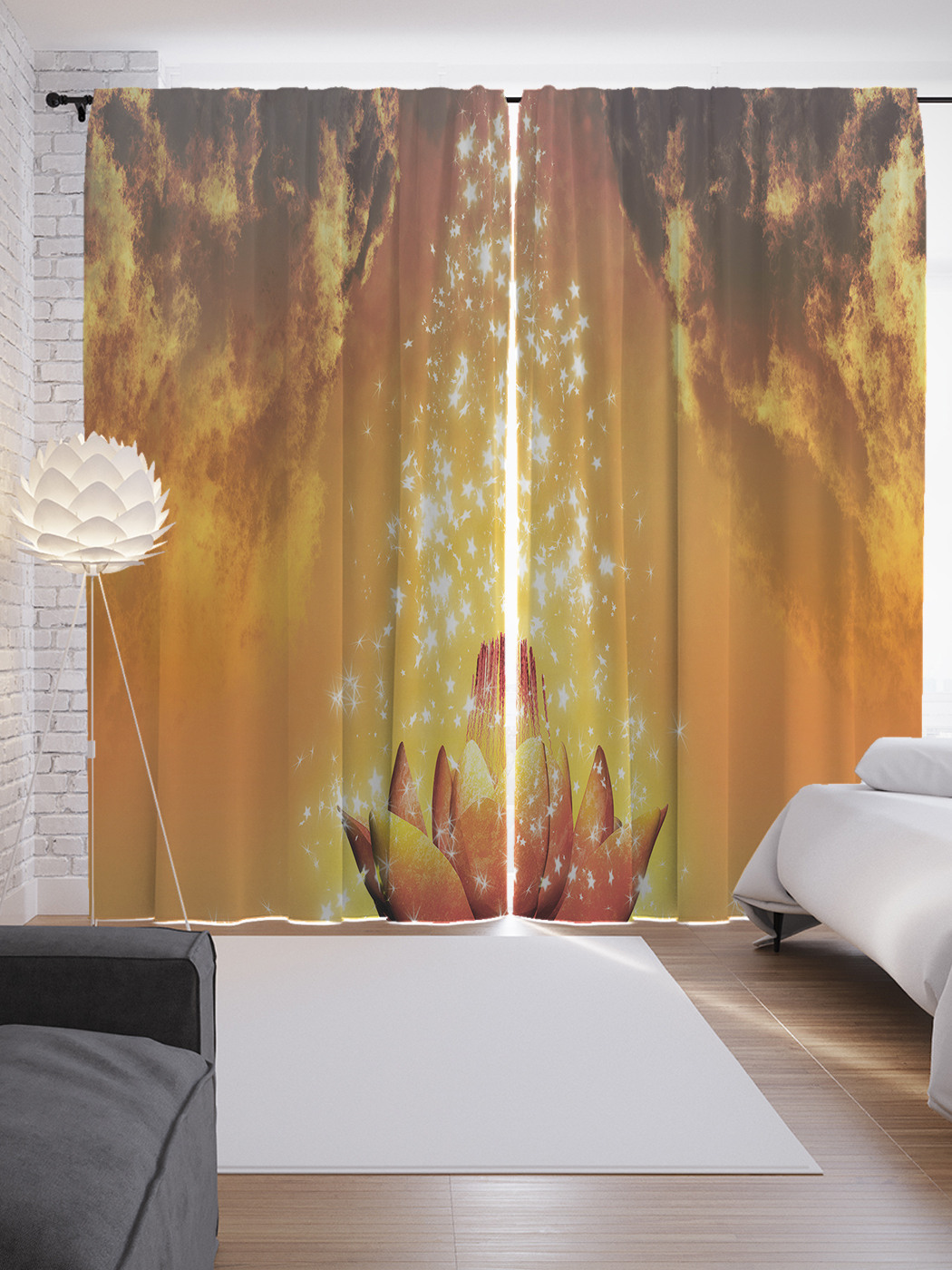 

Шторы JoyArty с фотопечатью "Искрящийся цветок" из сатена, 290х265 см, Искрящийся цветок