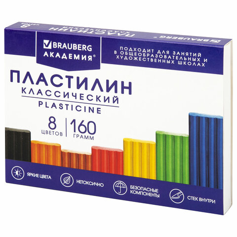 

Пластилин классический BRAUBERG "АКАДЕМИЯ КЛАССИЧЕСКАЯ", 8 цветов, 160 г, ст, Разноцветный