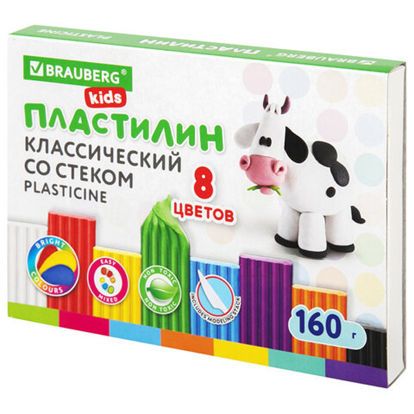 

Пластилин классический BRAUBERG KIDS, 8 цветов, 160 г, со стеком, 106501, 3шт.