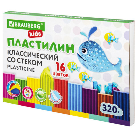 

Пластилин классический BRAUBERG KIDS, 16 цветов, 320 г, со стеком, 106508, (2шт.), Разноцветный