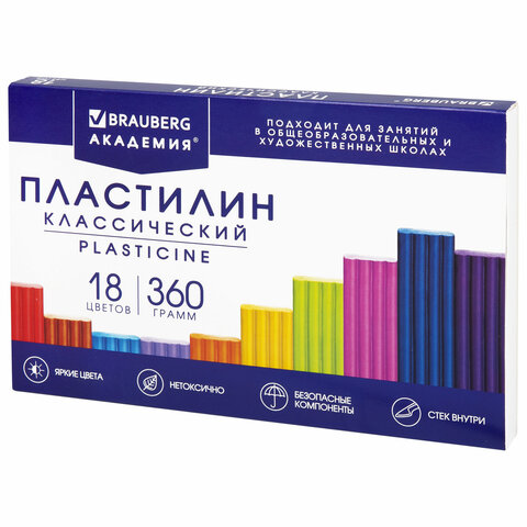 

Пластилин классический BRAUBERG "АКАДЕМИЯ КЛАССИЧЕСКАЯ", 18 цветов, 360 г, СО СТЕКОМ,, Разноцветный