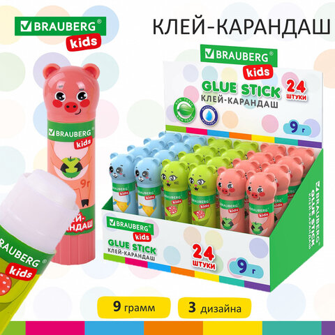 

Клей-карандаш "Зверята: кошка, мышка, хрюшка", 9 г, фигурный колпачок, BRAUBERG KIDS,