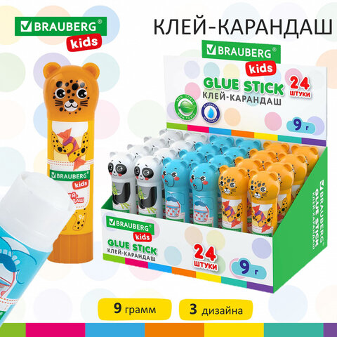 

Клей-карандаш "Зверята: панда, слон, леопард", 9 г, фигурный колпачок, BRAUBERG KIDS,