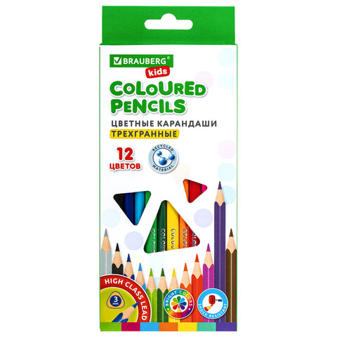 

Карандаши цветные BRAUBERG KIDS 12 цветов трехгранный корпус грифель мягкий 3 мм 181943, Разноцветные