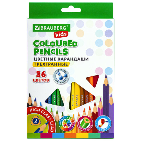 

Карандаши цветные BRAUBERG KIDS 36 цветов трехгранный корпус грифель мягкий 3 мм 181945, Разноцветные