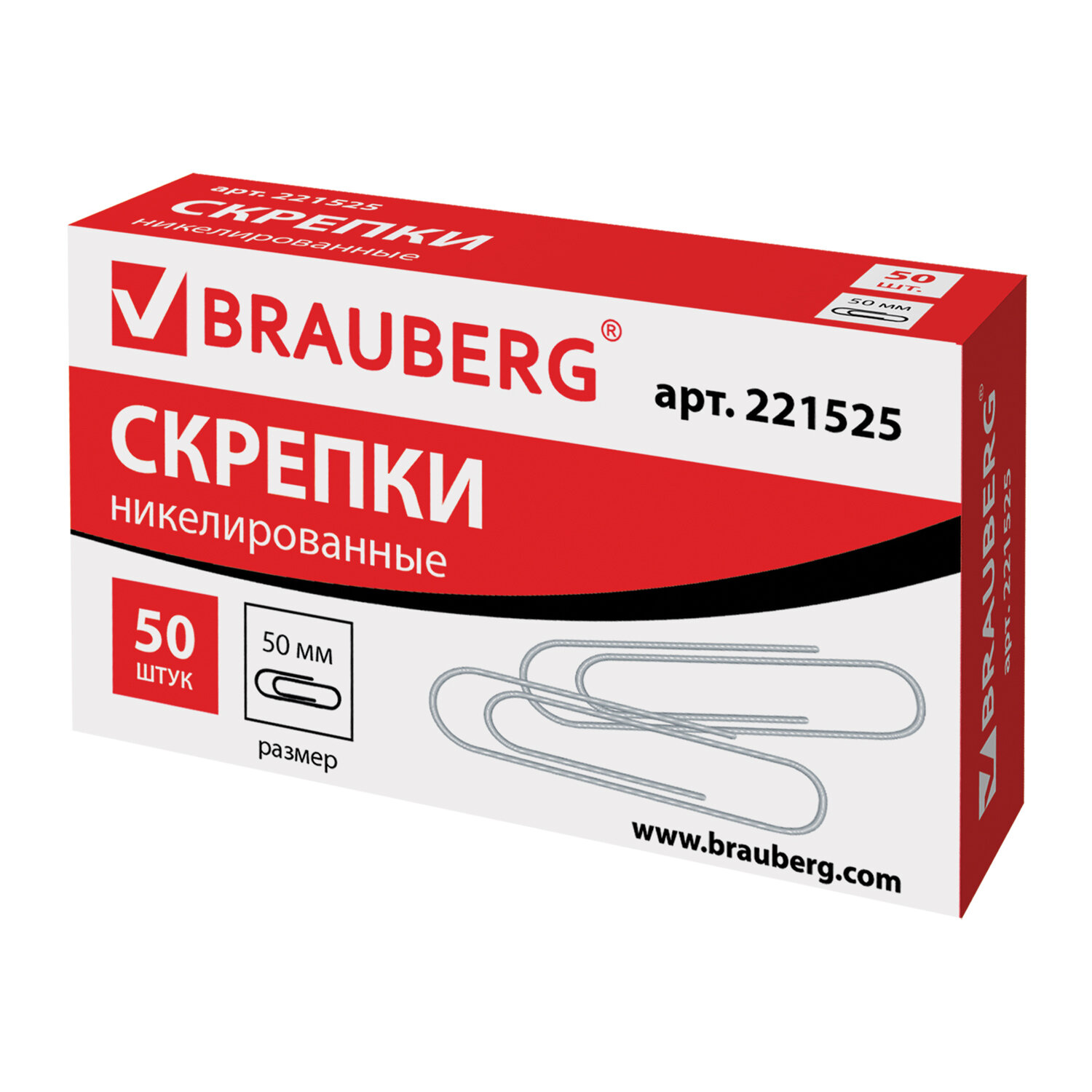 

Скрепки большие 50 мм BRAUBERG, 50 шт,никелированные, в картонной коробке, Россия, 221525, 372