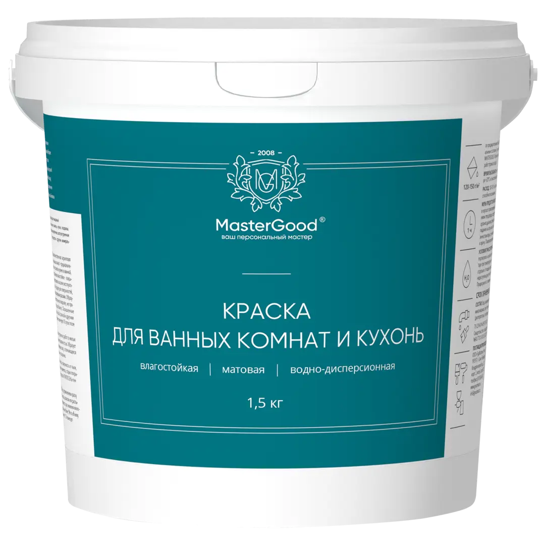 

Краска для кухонь и ванных комнат Mastergood цвет белый 1.5 кг