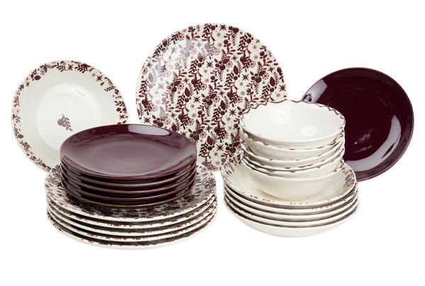 фото Столовый сервиз tulu porselen 24 предмета на 6 персон бордовый и белый.