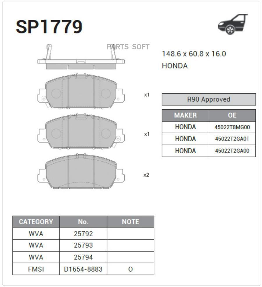 

Тормозные колодки Sangsin brake передние SP1779, SP1779