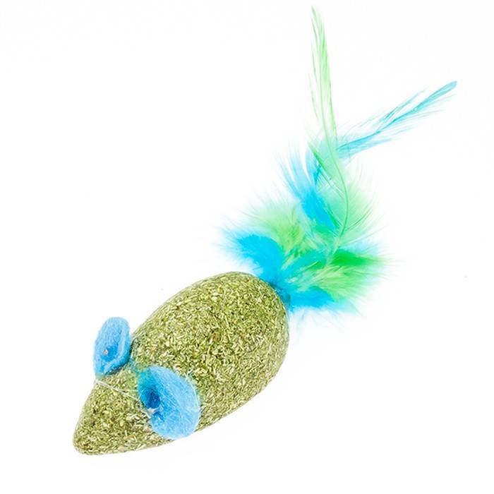 Игрушка для кошек Ambar Мышь из мяты с разноцветными перьями зеленая