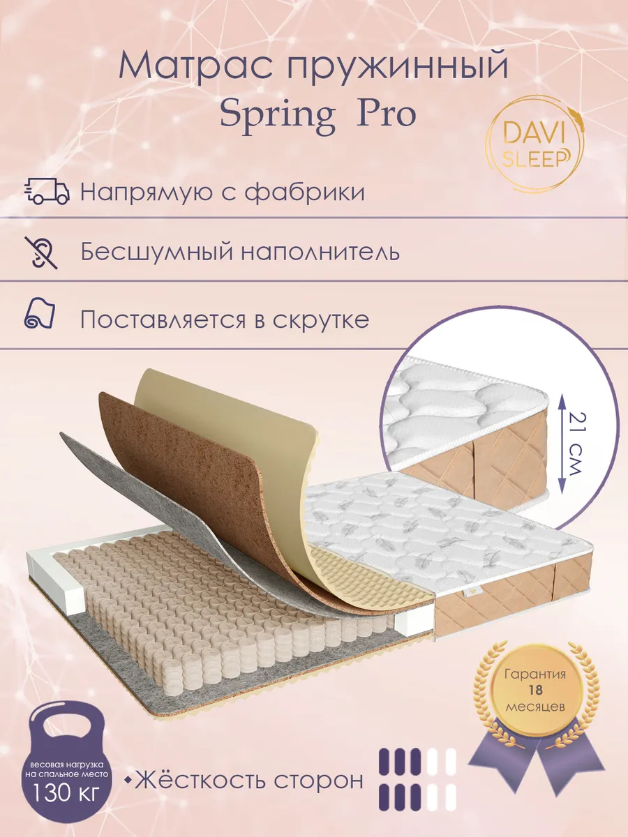 

Матрас 95х195 пружинный, DAVI SLEEP Spring Pro, ортопедический на кровать 195х95, Белый, Spring Pro