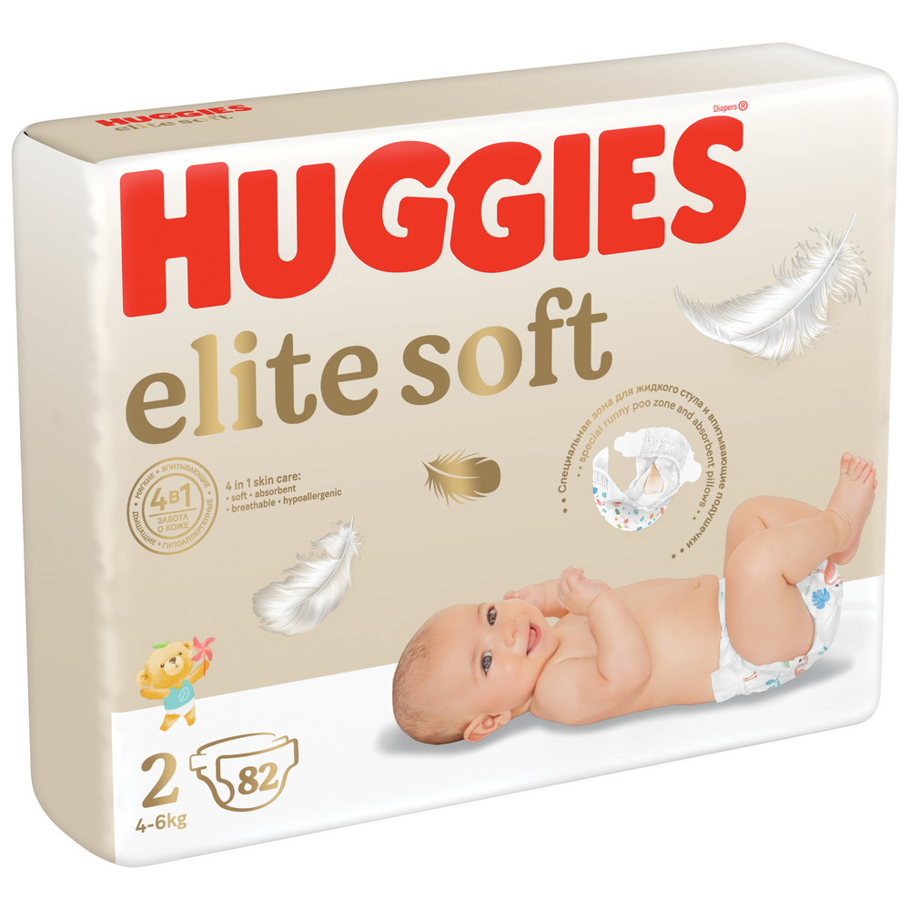 

Подгузники Huggies Elite Soft для новорожденных 4-6 кг, 2 размер, 82 шт