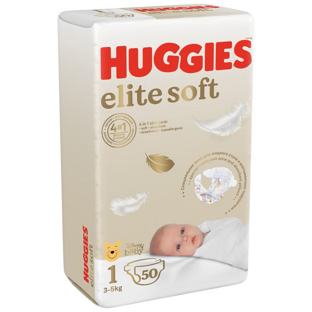фото Подгузники для новорожденных huggies elite soft 1 3-5кг 50шт