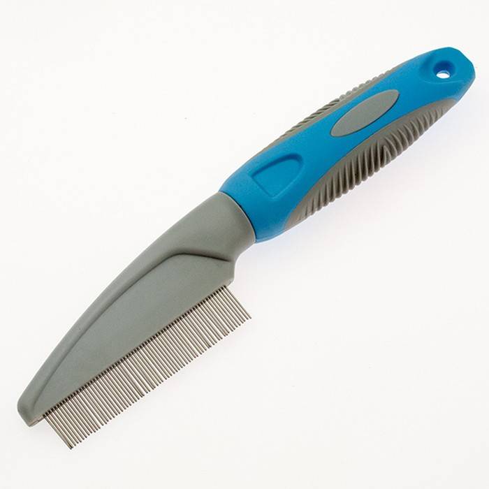 Расческа для животных Kudi от блох с резиновой ручкой серо-голубая