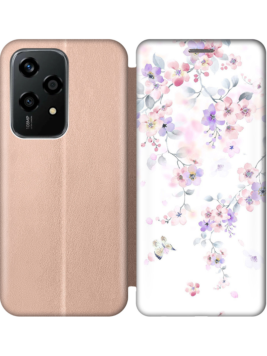 

Чехол-книжка на Honor 200 lite с принтом "Акварельные цветы вишни" золотой, Золотистый;белый;розовый;фиолетовый, 783979022