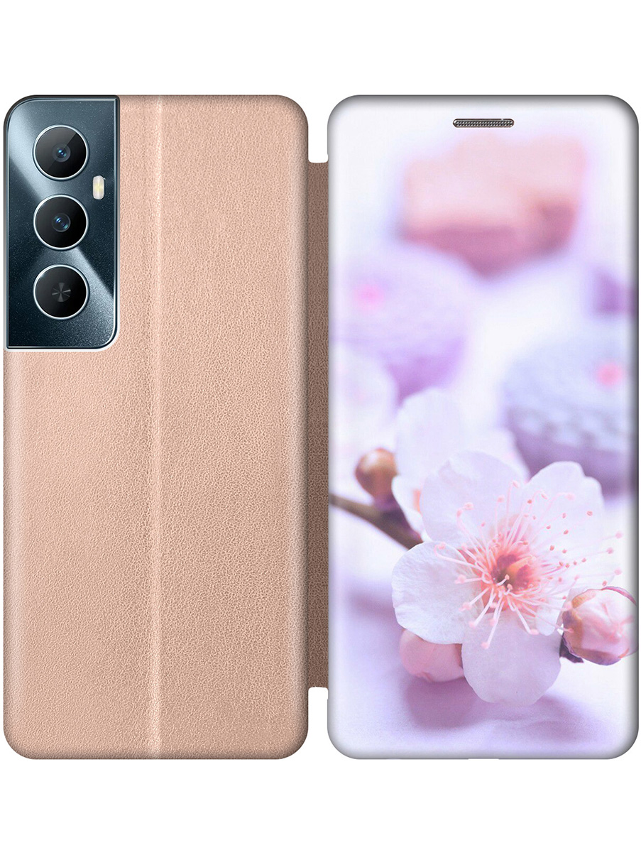 

Чехол-книжка на Realme C65 с принтом "Цветок вишни" золотой, Золотистый;белый;фиолетовый, 783983822