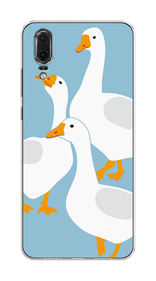 

Чехол на Huawei P20 "Гусиное трио", Голубой;белый;серый;желтый, 64350-1