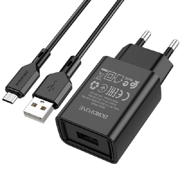 Сетевой адаптер питания Borofone BA68A Glacier Black зарядка 2.1А 1 USB-порт плюс кабель