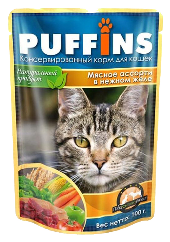 фото Влажный корм для кошек puffins, с мясным ассорти в нежном желе, 100г