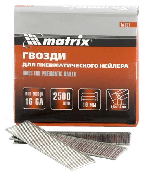 фото Гвозди matrix 16 ga для пневматического нейлера сечение 1,6х1,4, длина 19 мм, 2500 шт