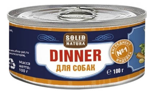 

Консервы для собак SOLID NATURA Dinner, индейка, 100г, Dinner