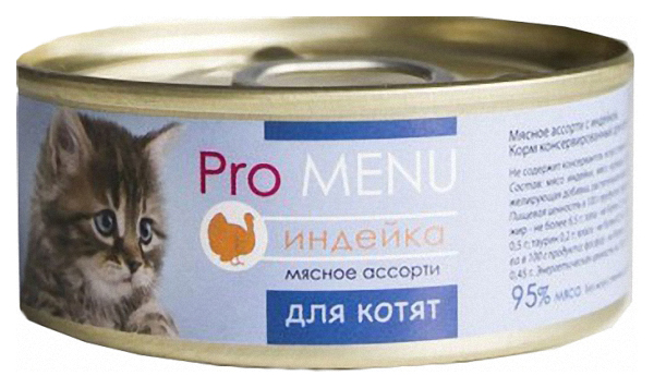 

Консервы для котят Pro Menu Мясное ассорти, с индейкой, 100г, Мясное ассорти