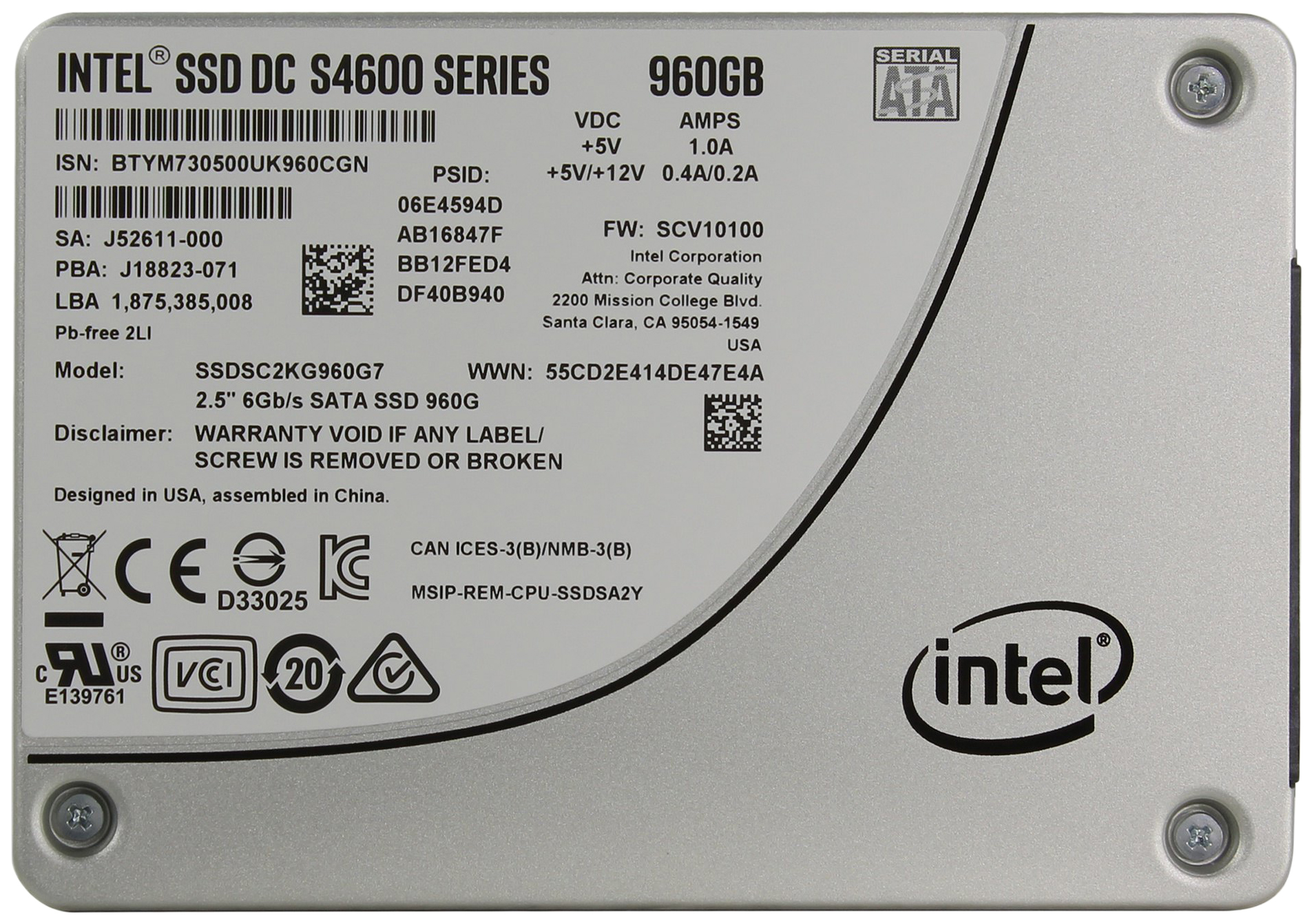 

SSD диск Intel DC S4600 960ГБ (SSDSC2KG960G701), DC S4600