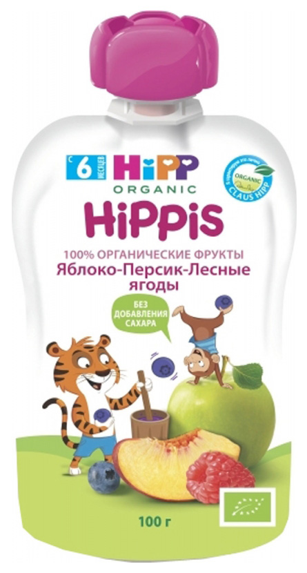 

Пюре фруктовое HiPP Яблоко, персик, лесные ягоды с 6 мес. 100 г, 1 шт., Яблоко, персик, лесные ягоды пауч