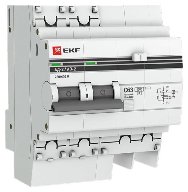 Дифференциальный автомат АД-2 32А/100мА (хар. C, AC, электронный, защита 270В) 4,5кА EKF