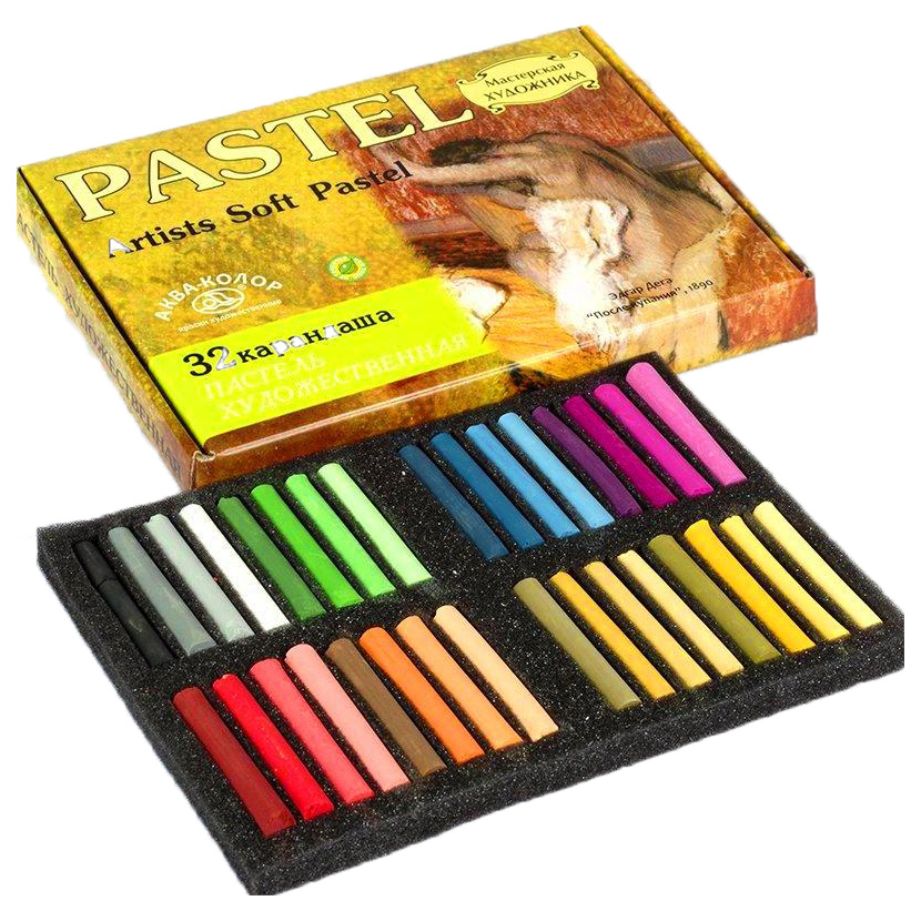 фото Пастель художественная «аква-колор» сухая 32 цвета в картонной коробке аква-колор