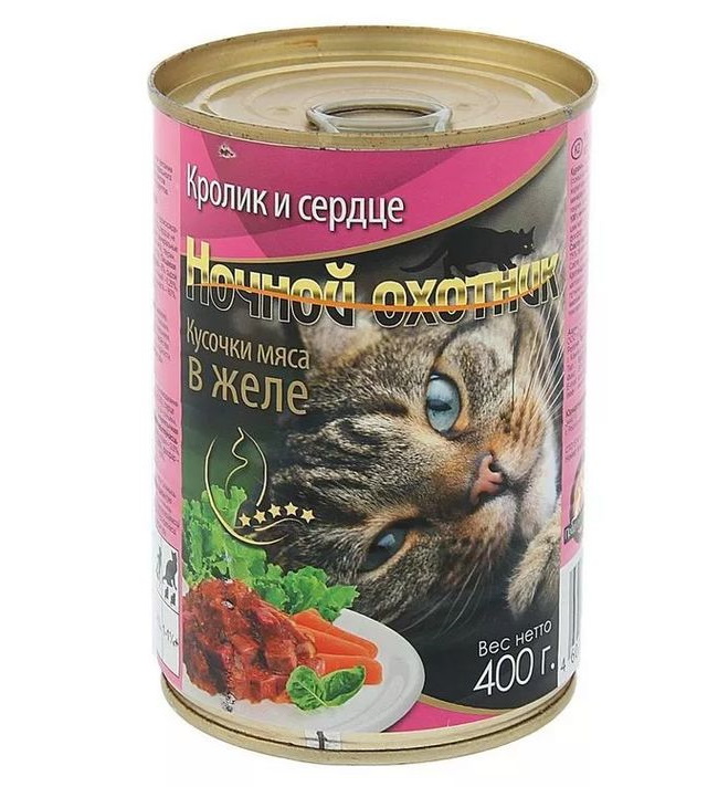 фото Консервы для кошек ночной охотник кусочки мяса в желе, кролик и сердце 415 г