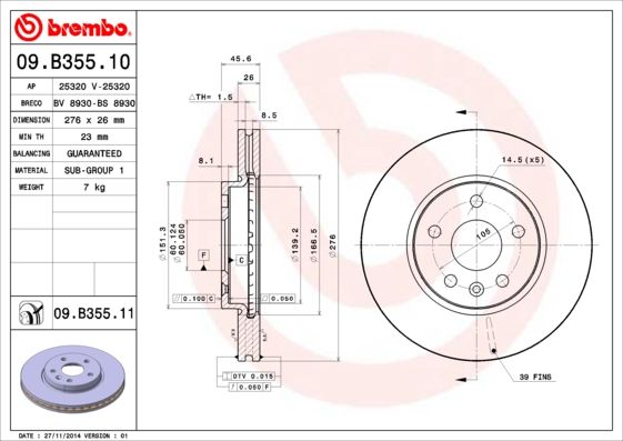 фото Тормозной диск brembo 09.b355.11