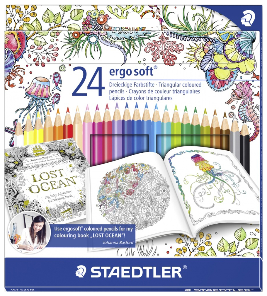 

Карандаши цветные Staedtler Ergo Soft Johanna Basford 24 цвета, Белый;бирюзовый;бордовый;голубой;желтый;зеленый;золотистый;коричневый;красный;оранжевый;розовый;серый;синий;фиолетовый;черный, Johanna Basford