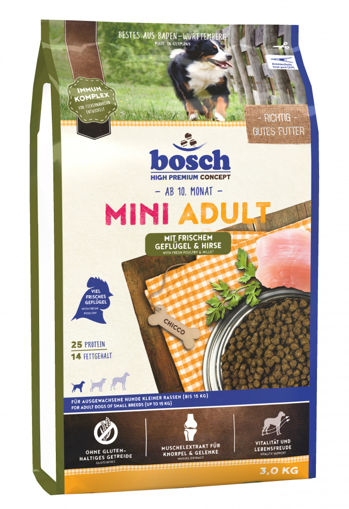 фото Сухой корм для собак bosch mini adult, для мелких пород, домашняя птица и просо, 3кг
