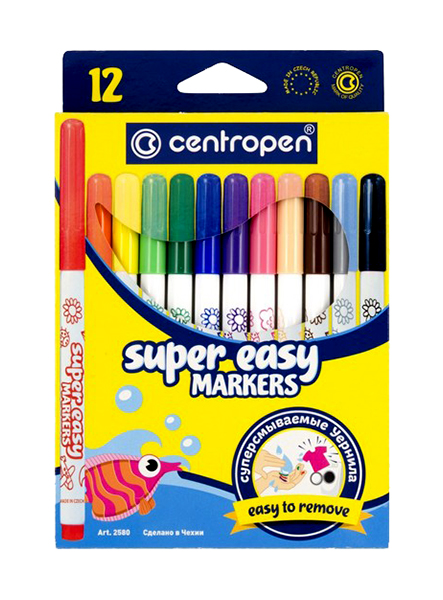 

Фломастеры Centropen SUPER EASY 2580, 12 цветов, линия 1-3 мм, картонная упаковка с европо