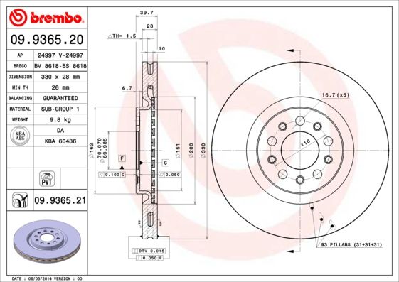 фото Тормозной диск brembo 09.9365.20