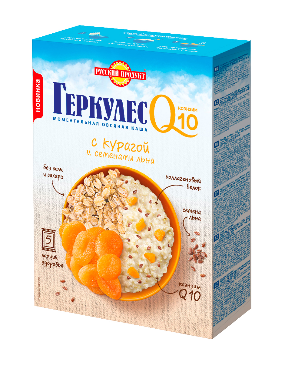 

Овсяная каша Геркулес Q10 моментальная с курагой и семенами льна 250 г
