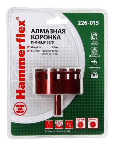

Алмазная коронка по керамограниту/стеклу Hammer Flex 226-015 (58978), DHS 65,0*65/5