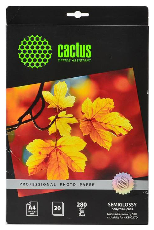 

Фотобумага для принтера Cactus CS-SGA428020 A4 280г/кв.м полуглянцевое покрытие 20 л, Белый, cS-SGA428020